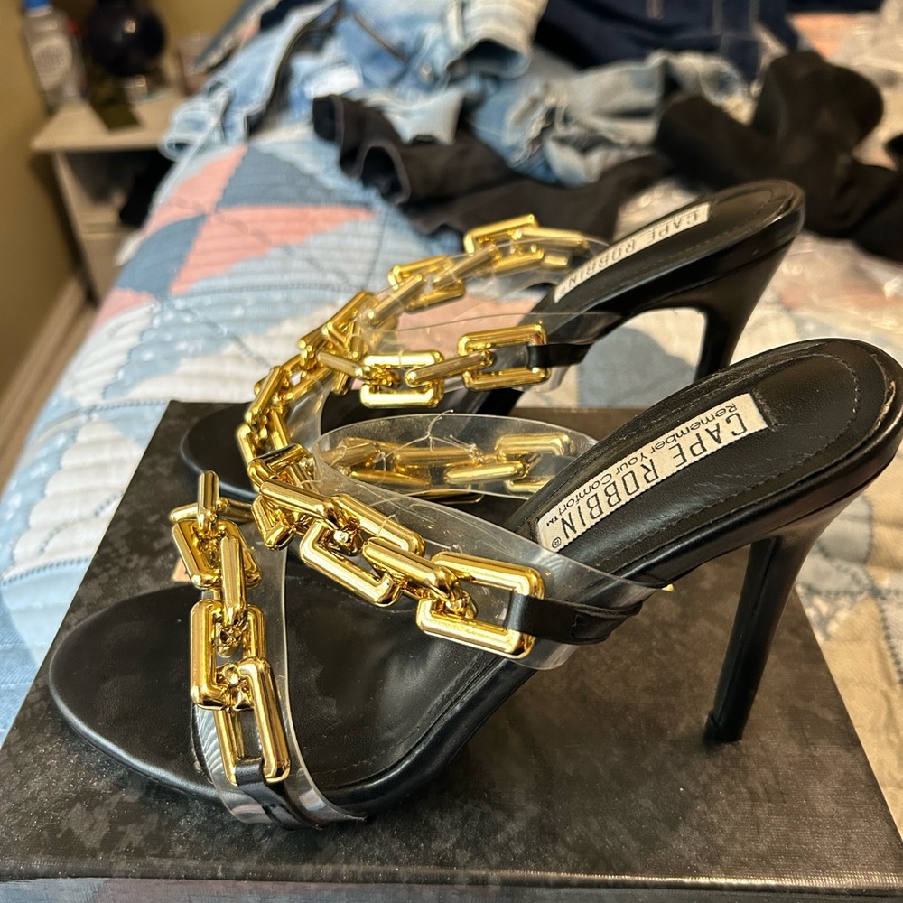 Black and gold chain heels